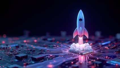Leinwandbilder - Fiery rocket with glowing flames ascends from microchip on electronic circuit board, symbolizing technological breakthrough and digital innovation in business technology, 3D rendered abstract concept.