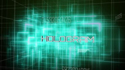 Poster - Flickering neon teal lines forming wireframe cube in void with pulsing codes, central HOLOGRAM