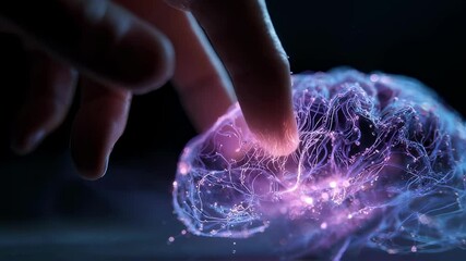 Poster - neural network hologram glowing brightly as human finger activating interconnected synapses, represe