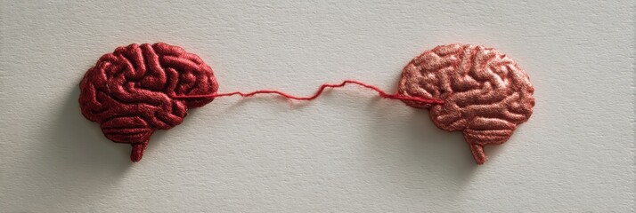 Aufkleber - Torn Red Thread Connects Heart and Brain While Calm Side Appears on the Right Side of the Composition in a Thoughtful Artistic Representation