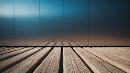 Poster - A captivating image displaying a juxtaposition of textures and materials, with a weathered metal facade reflecting a bright sky, set against a rustic wooden deck.