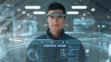 Poster - A Control Room Visionary: A man stands in a futuristic control room, surrounded by holographic displays, wearing advanced glasses, embodying technological innovation and focus.