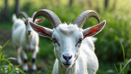 Wall Mural - Goat portrait featuring a white long-haired goat with horns and beard.