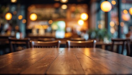 Poster - Empty wood table top and blurred outdoor garden background with space for text, suitable for marketing promotion. Blank wooden table area for copy and background.