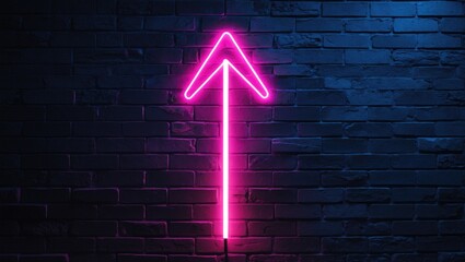 Poster - Glowing neon arrow pointing on brick wall background. Realistic shining signboard. Retro sign with bright neon tubes. Colorful neon banner. Bright night advertising.