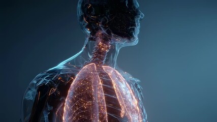 Poster - Orange particles flow through the respiratory system of a transparent human body, highlighting the lungs and trachea against a dark blue background