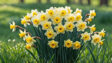 Wall Mural - a colorful arrangement of yellow flowers rests in a verdant field under gentle sunlight, capturing t