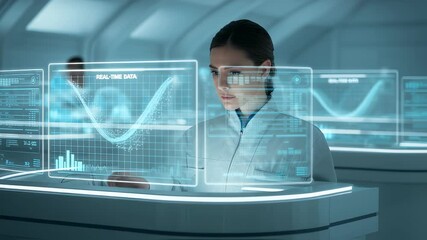 Poster - Scientist in Futuristic Research Lab: A dedicated scientist intently analyzes data on advanced holographic interfaces within a futuristic laboratory setting.