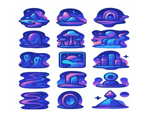 Poster - A vector icon set for web design, featuring diverse symbols like cloud, car, and fish illustrations, ideal for logos and patterns
