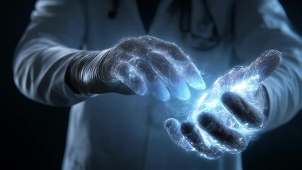 Poster - Medical visualization depicting a doctor wearing haptic gloves, manipulating glowing digital tissues, illustrating advanced medical technology and innovative healthcare solutions