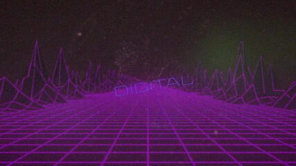 Poster - Starting with grid stretching to horizon, dot network forming DIGITAL text over wireframe mountains