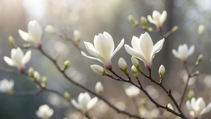Poster - Delicate magnolia flowers bloom on branches, heralding the arrival of spring in a peaceful garden environment.