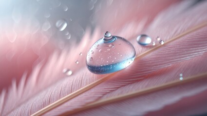 Poster - Delicate bird feather featuring water drops in pink hue.