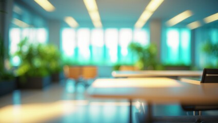 Poster - Blurry Background of Contemporary Open Office Environment with Natural Light and Green Plants. Out-of-focus Background Image.