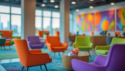 Poster - Defocused Background of Modern Office Space with Vibrant Colors and Artwork Featuring Comfortable Seating and Workstations
