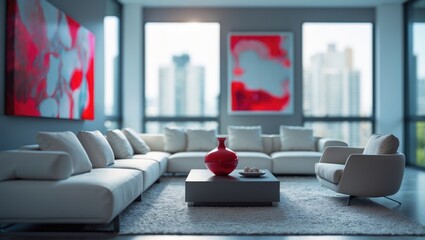 Poster - Blurred Background of Contemporary Living Room Interior Featuring a Large Window, Colorful Artwork, and Stylish Furniture. Out-of-Focus Background Photograph.