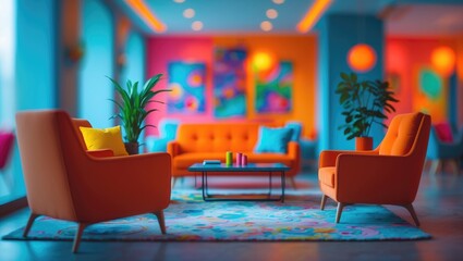 Poster - Blurred Background of a Modern Stylish Lounge Area with Vibrant Walls and Colorful Artwork in Contemporary Design. Out-of-focus Background Photo.