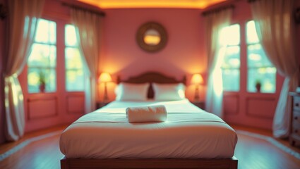 Poster - Blurry Background of a Cozy and Inviting Bedroom featuring Large Windows and Natural Light in a Warm Color Palette.