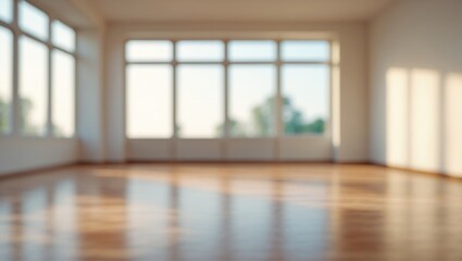 Poster - Blurry Background of Bright and Spacious Empty Room with Large Windows and Wooden Floor in Minimalist Design. Out of focus Photo.