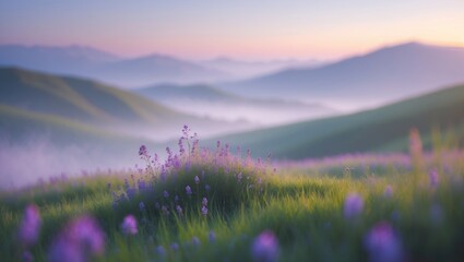 Poster - Defocused abstract background of a tranquil meadow with wildflowers, a bright blue sky, scattered clouds, and a gentle breeze. Calm and peaceful nature scene.