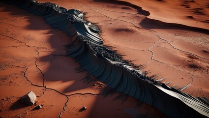 Poster - Deep canyon slicing through dry cracked earth in a drought-stricken landscape. Asphalt road amid sand dunes. Natural sandstone formations in the desert. Wet clay.
