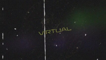 Poster - Drifting nodes forming neon VIRTUAL letters over dark void with squares, glitch line splitting bits
