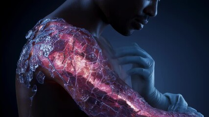 Poster - Medical visualization shows transparent, glowing skin graft gradually integrating with patient's arm, highlighting healing and regeneration in medical science