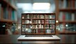 © andyaziz6 - A laptop displays bookshelves with digital line graphics in front on a dark desk in a blurred library setting