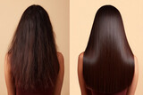 woman with frizzy hair and smooth hair transformation, black long hair, hair care, before and after, brown background