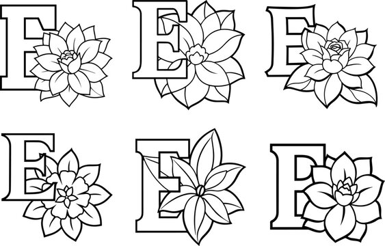 Set of Alphabet E coloring page with the flower, E letter digital outline floral, ABC coloring page