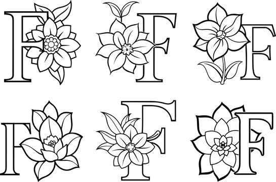 Set of Alphabet F coloring page with the flower, F letter digital outline floral, ABC coloring page