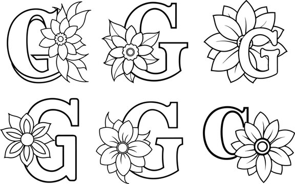 Set of Alphabet G coloring page with the flower, G letter digital outline floral, ABC coloring page