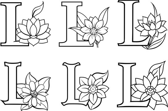 Set of Alphabet L coloring page with the flower, L letter digital outline floral, ABC coloring page