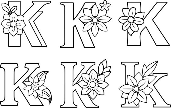 Set of Alphabet K coloring page with the flower, K letter digital outline floral, ABC coloring page