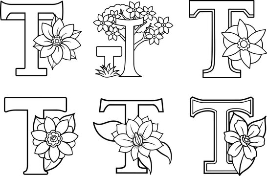 Set of Alphabet T coloring page with the flower, T letter digital outline floral, ABC coloring page
