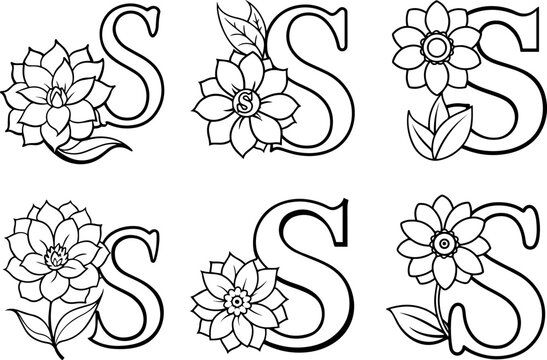 Set of Alphabet S coloring page with the flower, S letter digital outline floral, ABC coloring page
