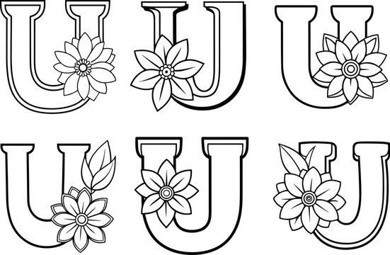 Set of Alphabet U coloring page with the flower, U letter digital outline floral, ABC coloring page