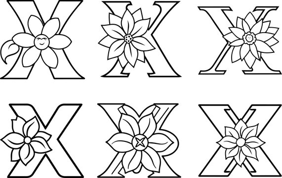 Set of Alphabet X coloring page with the flower, X letter digital outline floral, ABC coloring page
