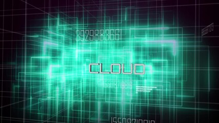 Poster - Neon green grid structure pulsing and rotating in void, revealing CLOUD text with scrolling code