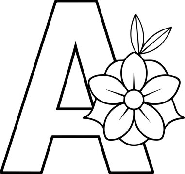 Alphabet A coloring page with the flower, A letter digital outline floral, ABC coloring page