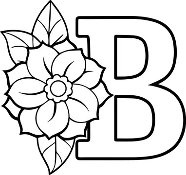 Alphabet B coloring page with the flower, B letter digital outline floral, ABC coloring page
