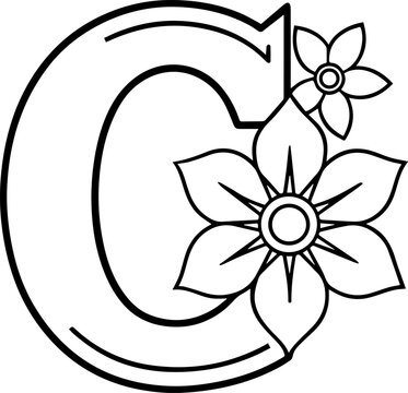 Alphabet C coloring page with the flower, C letter digital outline floral, ABC coloring page