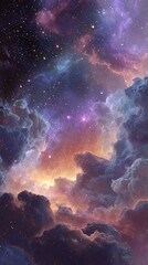 a vast celestial sky filled with glowing stars and swirling colorful nebulae, casting radiant light 