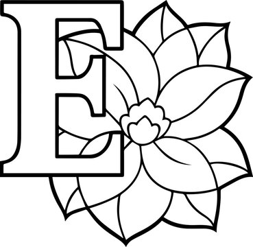 Alphabet E coloring page with the flower, E letter digital outline floral, ABC coloring page
