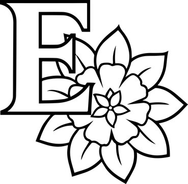 Alphabet E coloring page with the flower, E letter digital outline floral, ABC coloring page