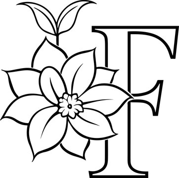 Alphabet F coloring page with the flower, F letter digital outline floral, ABC coloring page