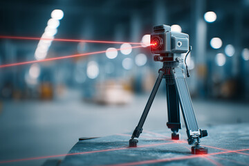 Fototapete - A high-tech 3D laser scanning machine mounted on a tripod is actively scanning an industrial object in a factory setting. Red laser grid lines are visible on the surface. 