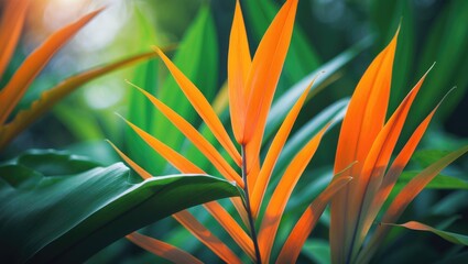 Poster - Detailed view of vibrant tropical foliage with orange and green hues, set against a softly blurred greenery backdrop. Natural illumination highlights leaf textures, ideal for eco-themed designs.