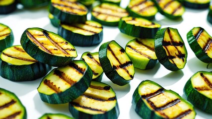 Poster - Falling grilled zucchini rounds slice isolated on white background; healthy vegetarian food.