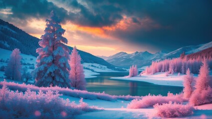 Poster - Fantastic evening winter landscape with a dramatic overcast sky. Creative collage representing the beauty world.